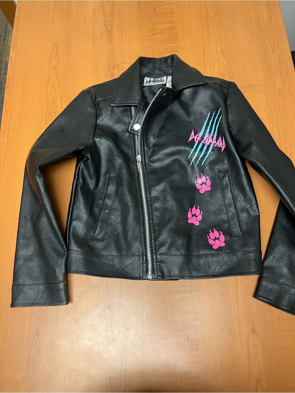 Girls' Black Faux Leather Jacket with Pink Paw & Blue Graphic